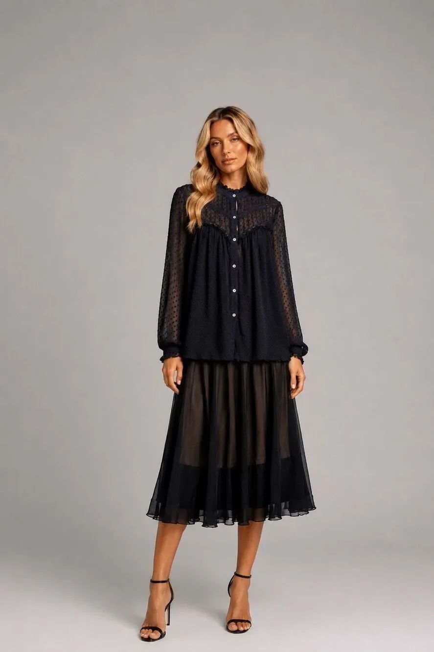Zara Trafaluc Black Swiss Dot Sheer Ruffle Blouse Boho Romantic Size M (114)